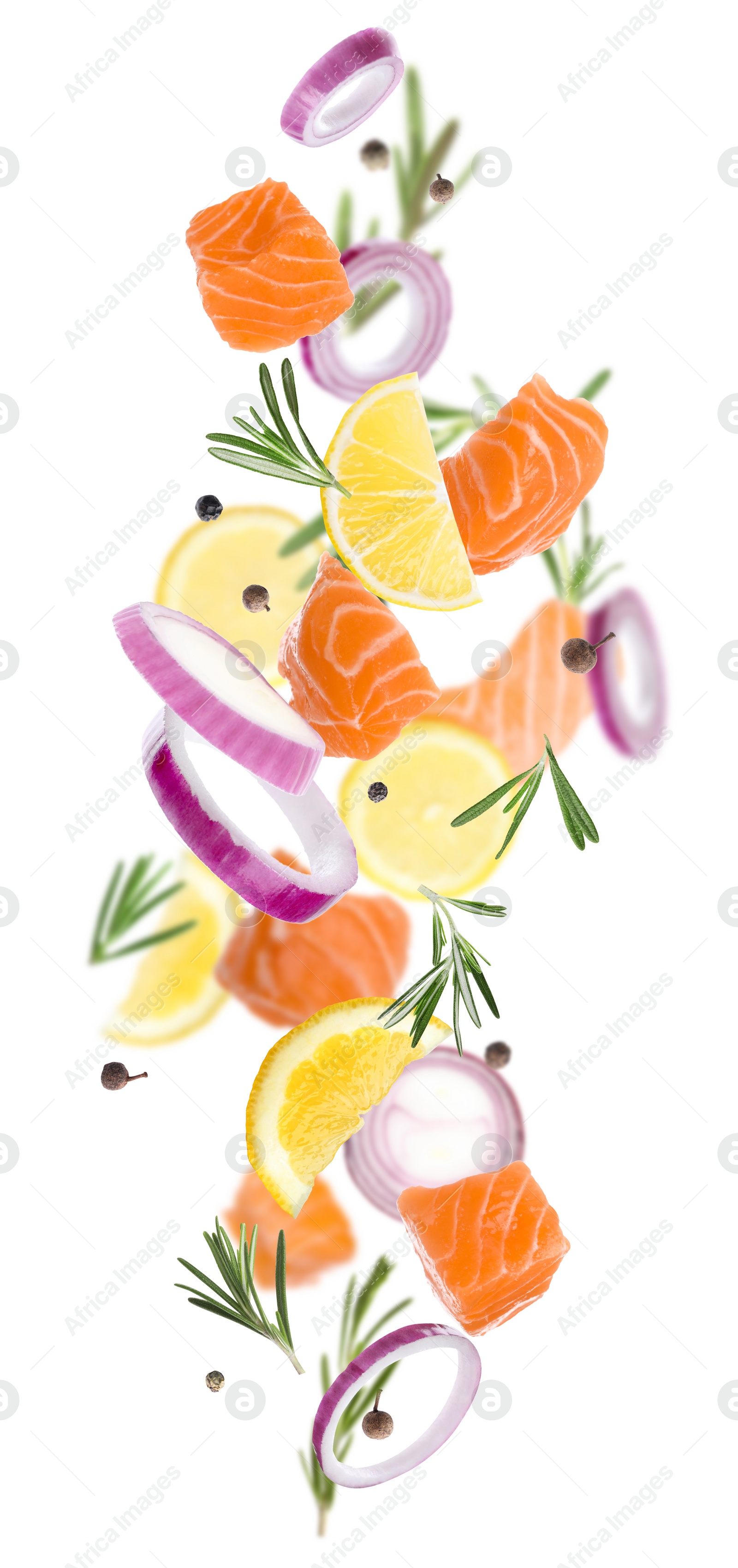 Image of Pieces of delicious fresh raw salmon and different spices on white background. Vertical banner design 