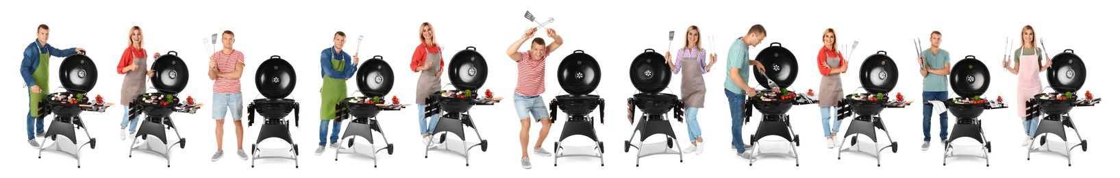 Image of Collage with photos of man and woman cooking on barbecue grill against white background. Banner design