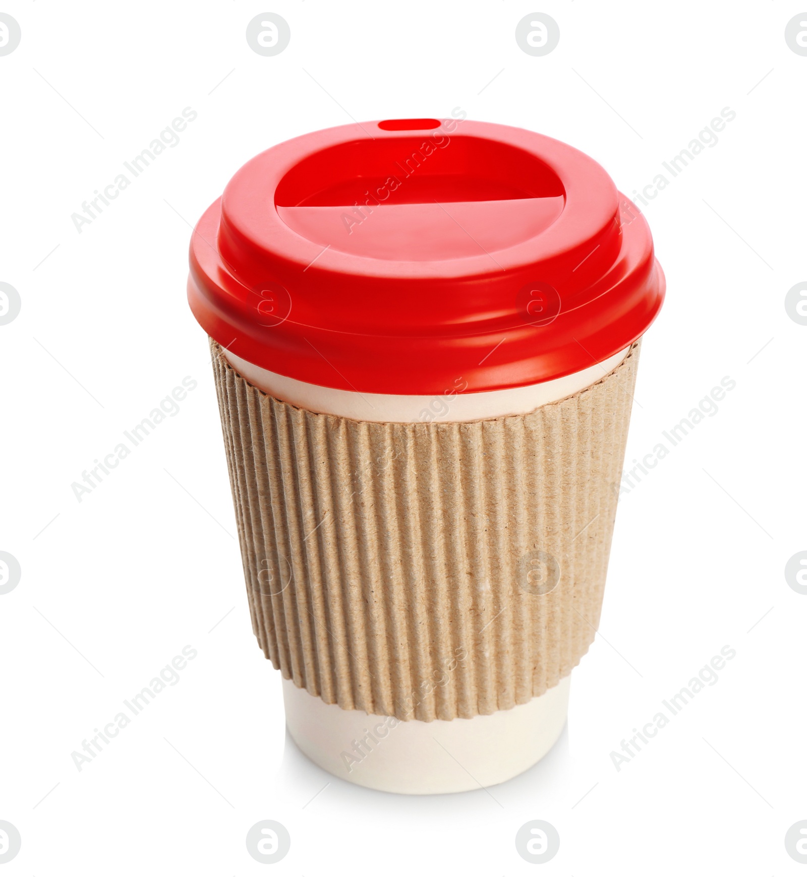 Photo of Takeaway paper coffee cup with lid and cardboard sleeve on white background
