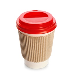 Takeaway paper coffee cup with lid and cardboard sleeve on white background