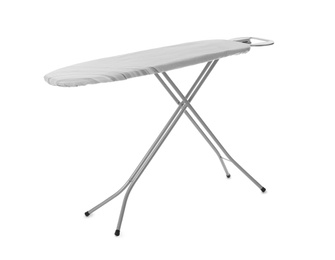 Photo of Modern empty ironing board on white background