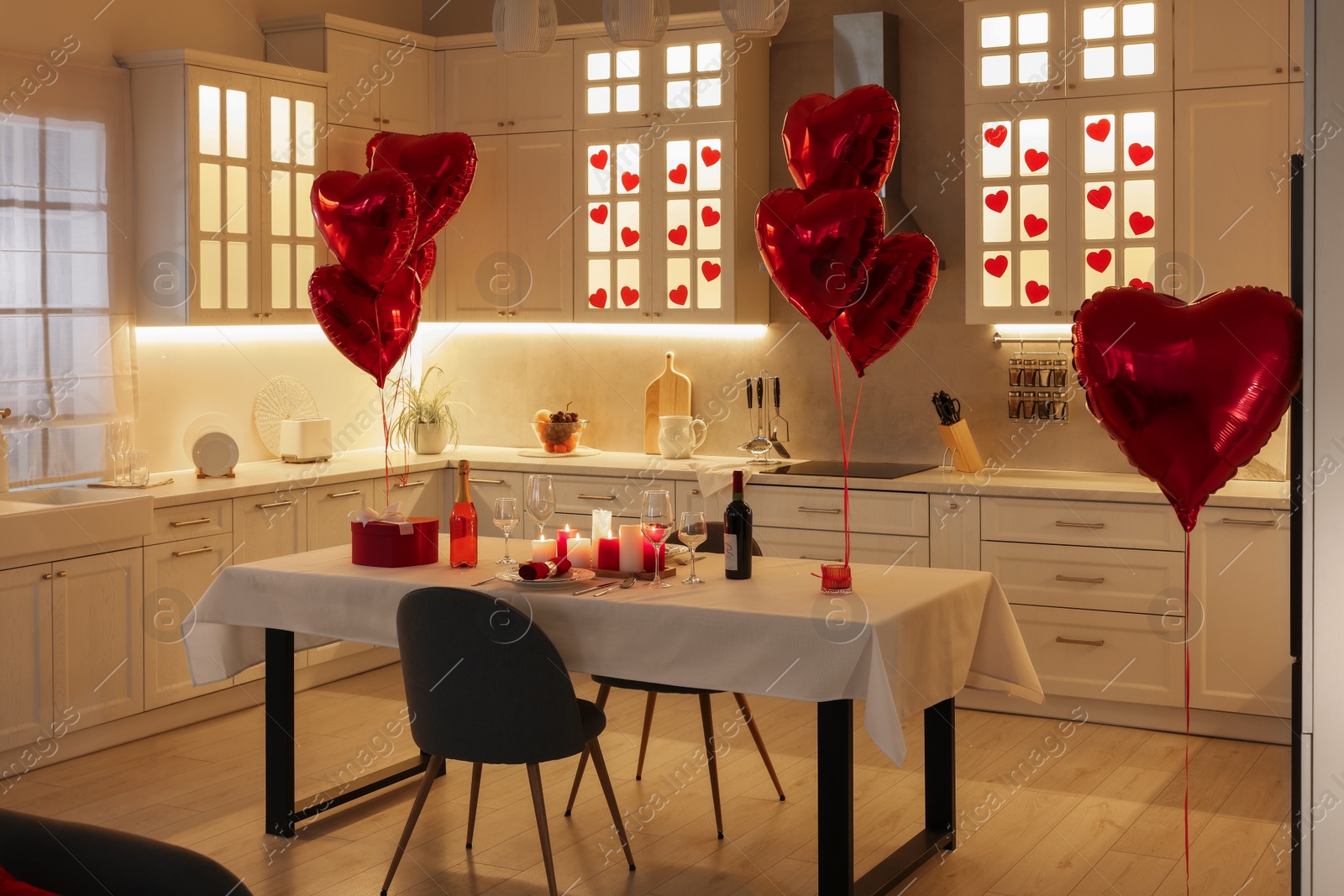 Photo of Romantic atmosphere. Cosy kitchen decorated for Valentine day