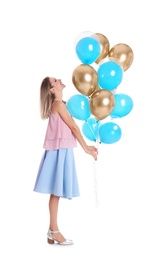 Young woman with air balloons on white background