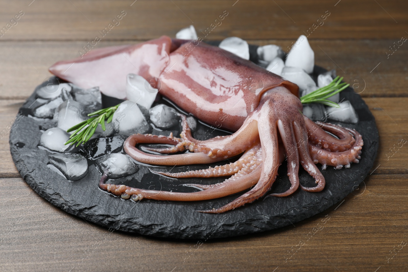 Photo of Fresh raw squid with ice and rosemary on wooden table, closeup