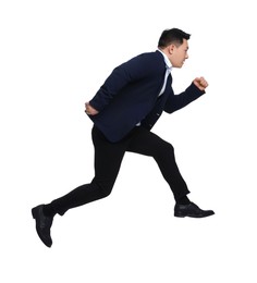 Businessman in suit running on white background