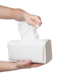 Photo of Woman taking paper towel on white background, closeup