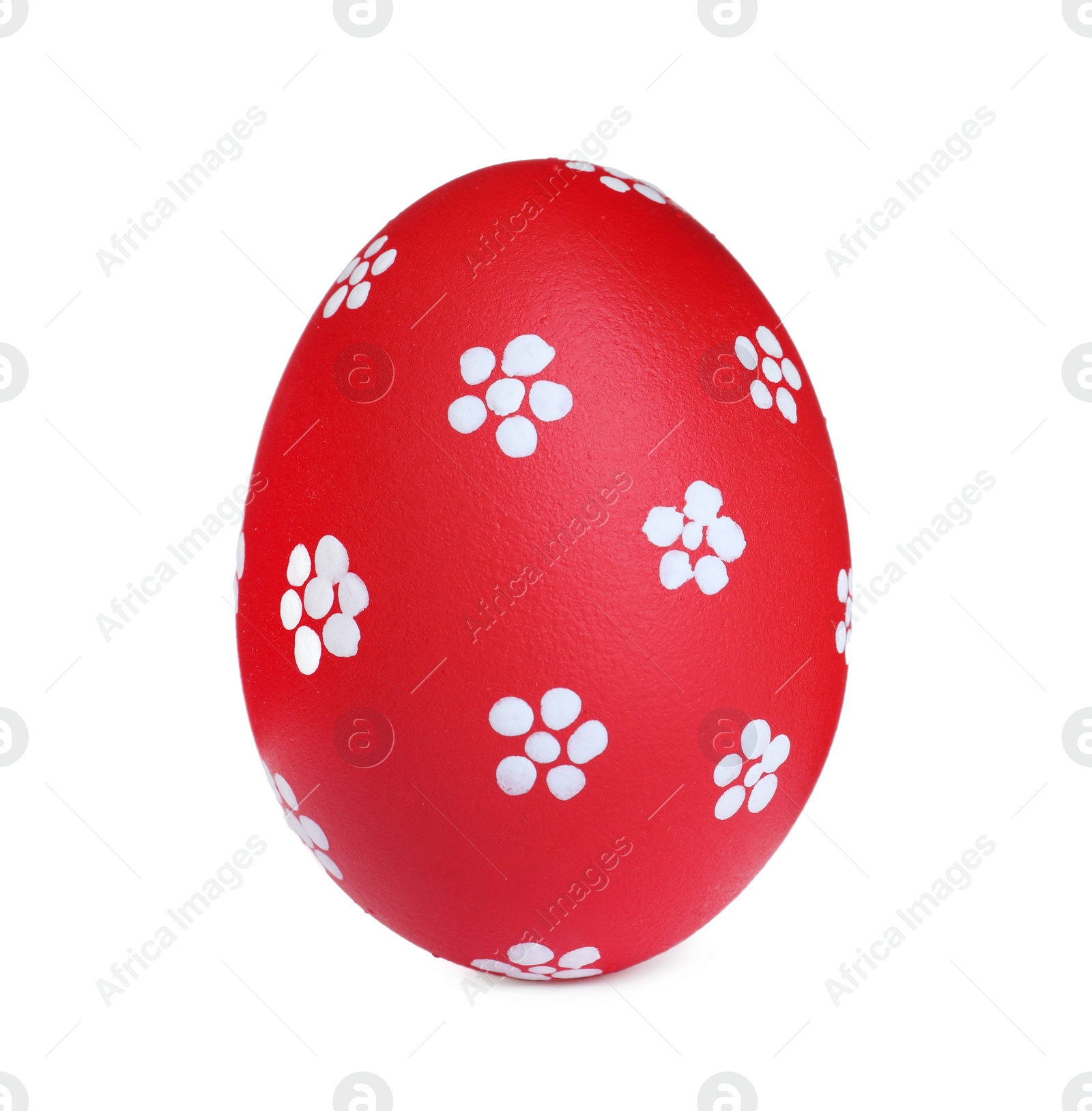 Photo of Painted red egg with flower pattern isolated on white. Happy Easter