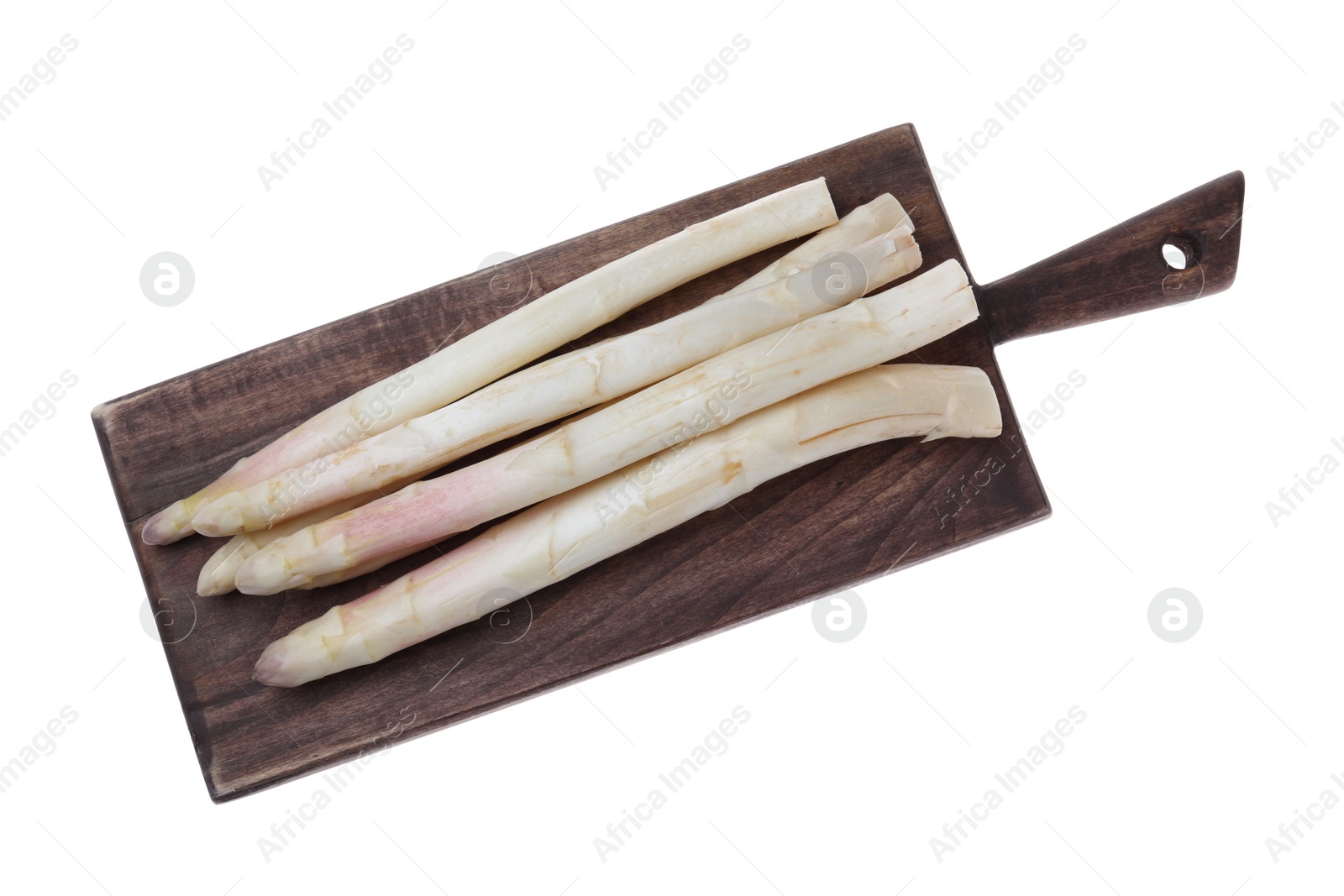 Photo of Fresh ripe asparagus isolated on white, top view