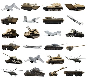 Image of Set of different military machinery on white background