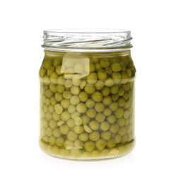 Photo of Jar of pickled peas isolated on white