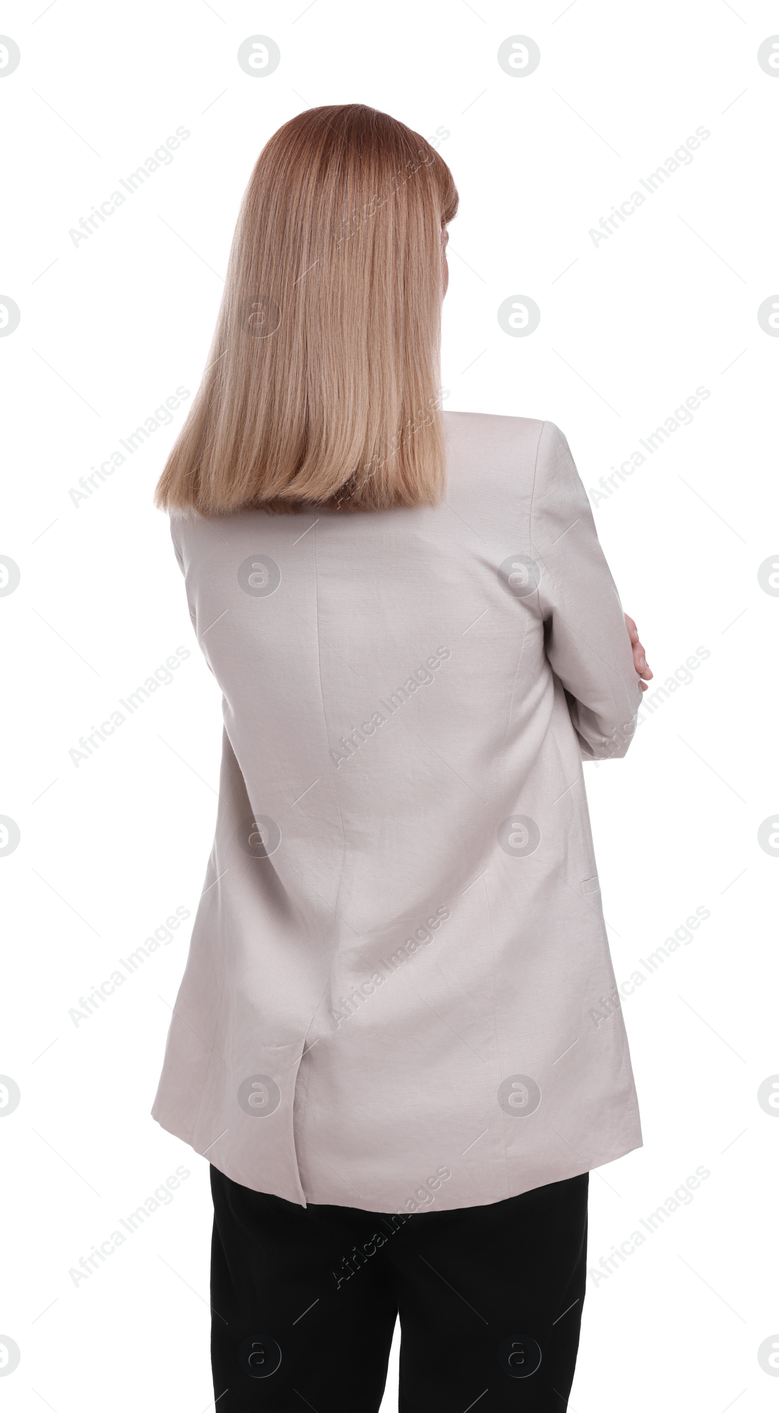 Photo of Businesswoman posing on white background, back view