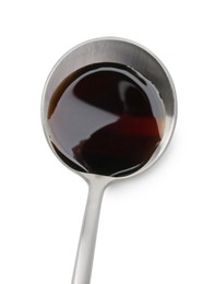 Tasty soy sauce in spoon isolated on white, top view