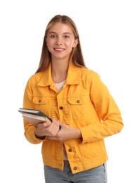 Photo of Teenage student holding books on white background