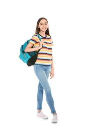 Photo of Teenager girl in casual clothes on white background