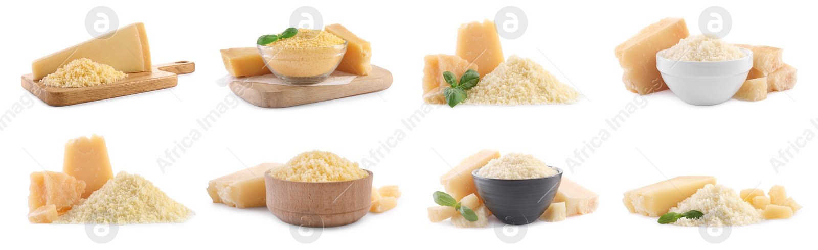 Image of Set with delicious parmesan cheese on white background. Banner design