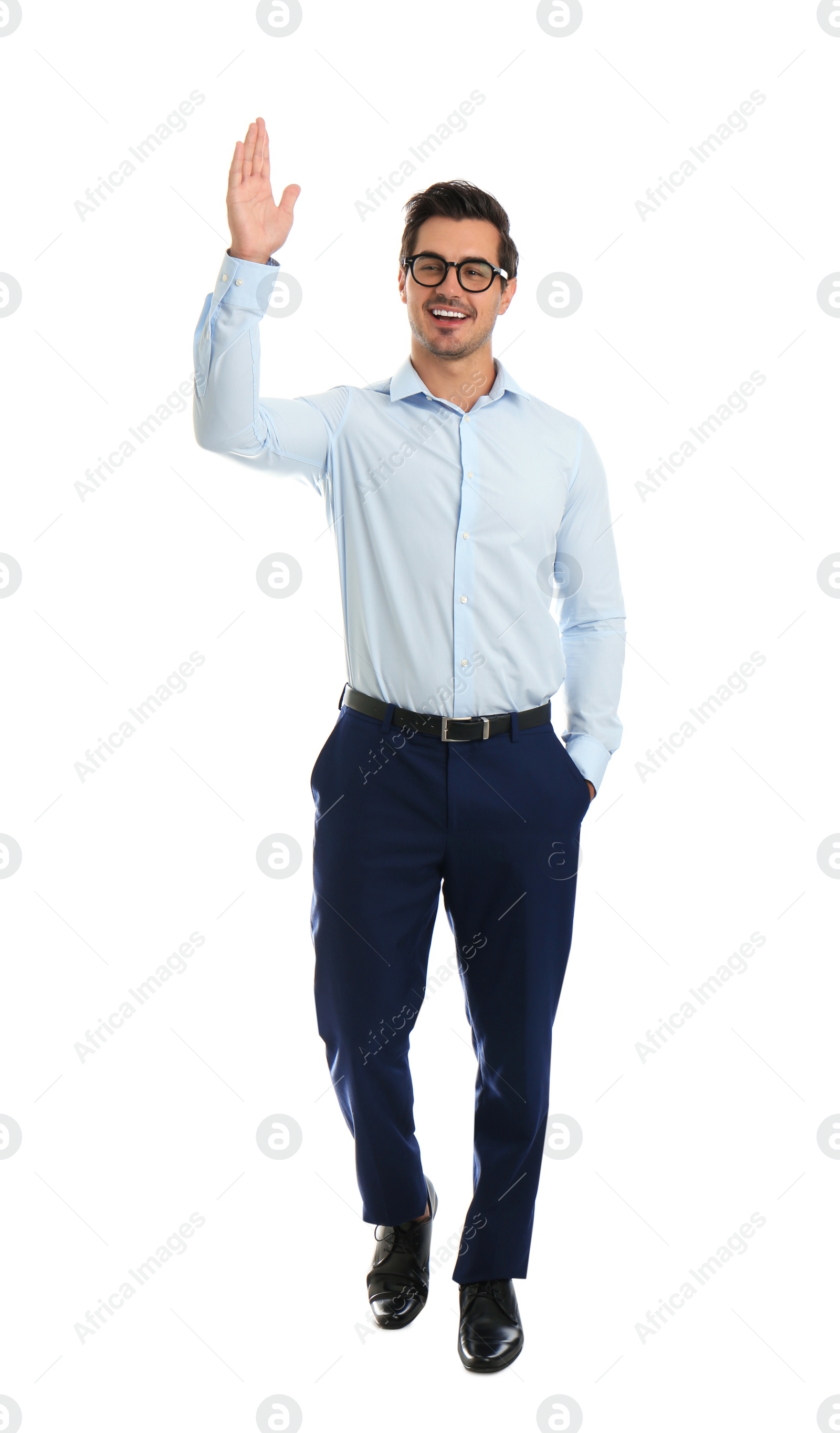 Photo of Young male teacher with glasses on white background