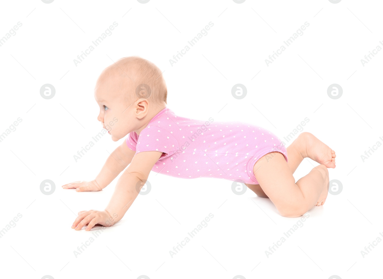 Photo of Cute little baby crawling on white background