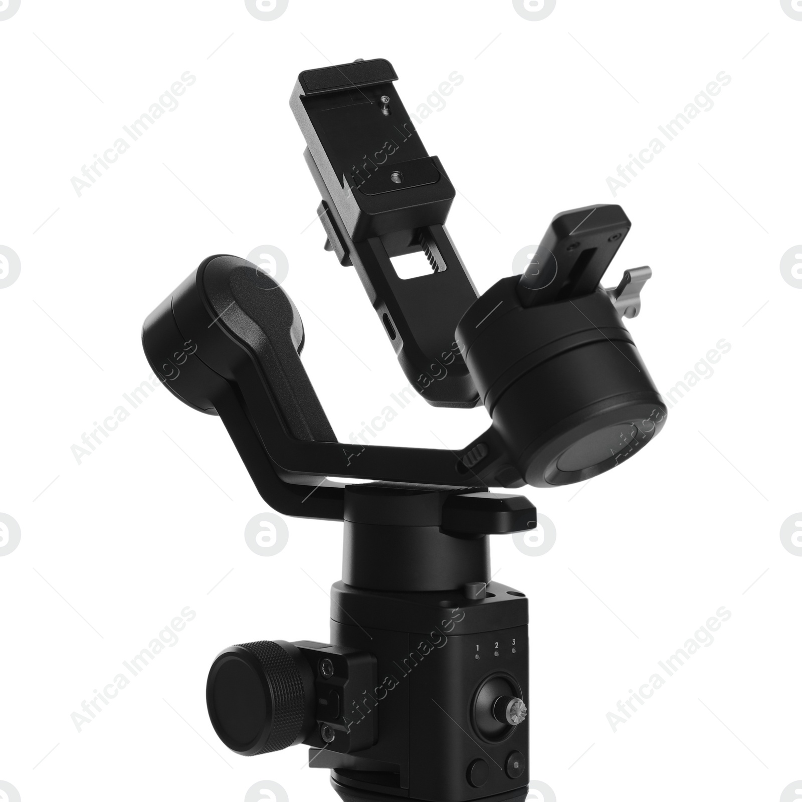 Photo of Modern stabilizer for video camera isolated on white