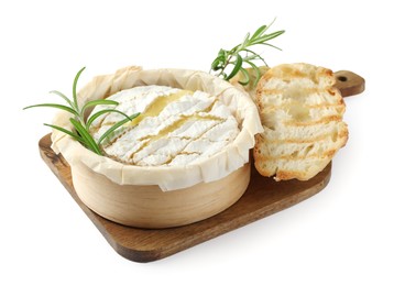 Photo of Wooden board with tasty baked brie cheese, bread and rosemary isolated on white