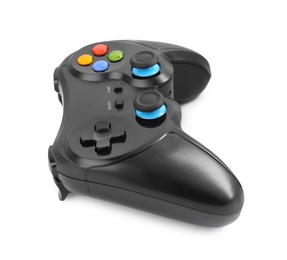 Black wireless controller on white background. Video game device