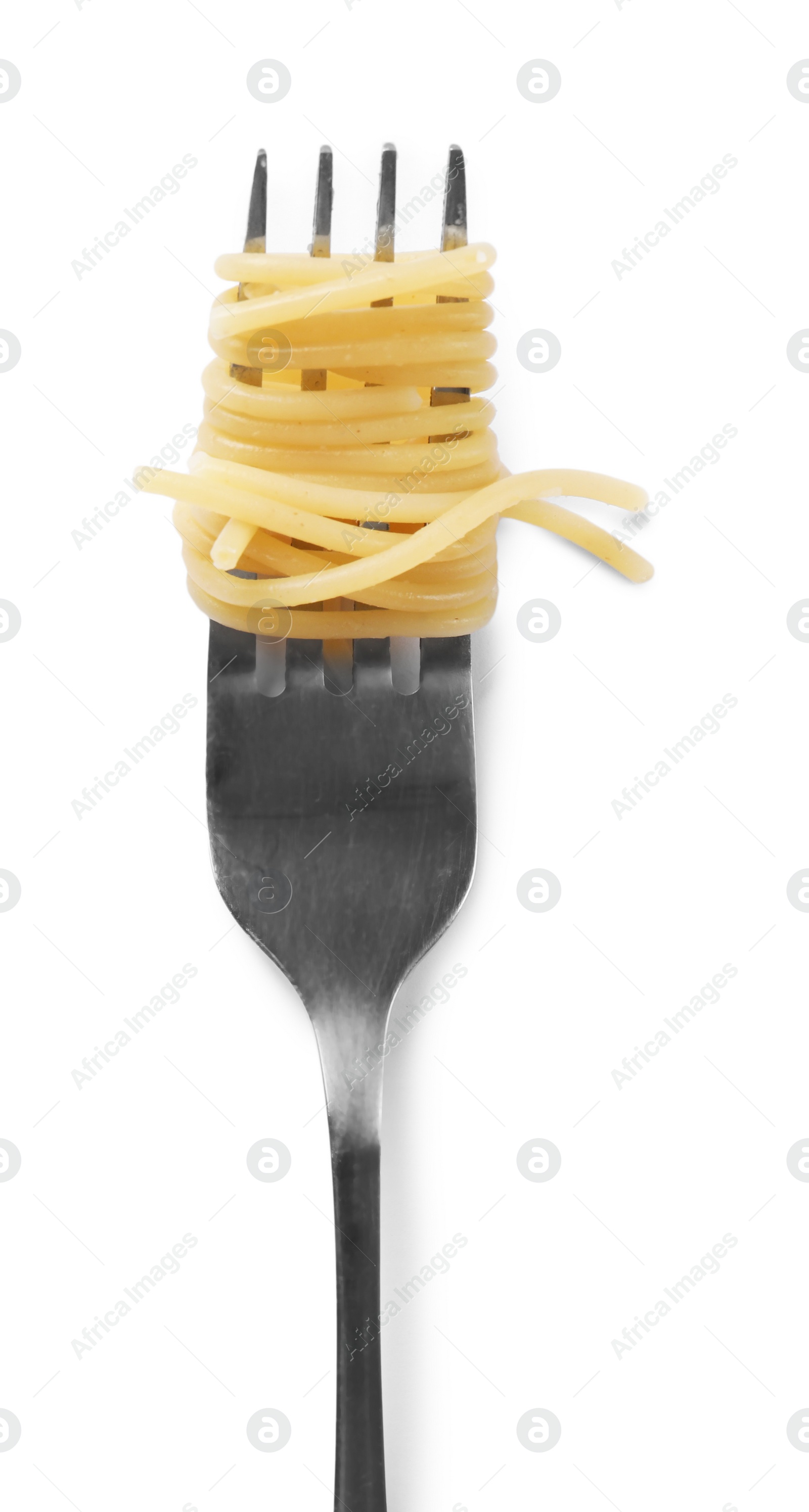Photo of Fork with tasty pasta isolated on white