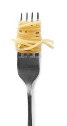 Photo of Fork with tasty pasta isolated on white