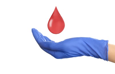 Image of Doctor and drop of blood on white background, closeup. Anemia concept