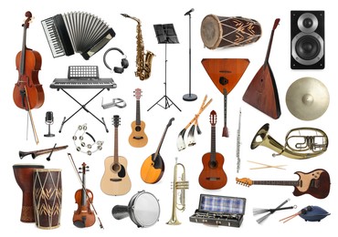 Image of Collection of different musical instruments on white background