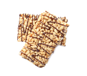 Photo of Delicious rice crispy treats isolated on white, top view