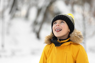 Photo of Cute little boy having fun in snowy park on winter day, space for text
