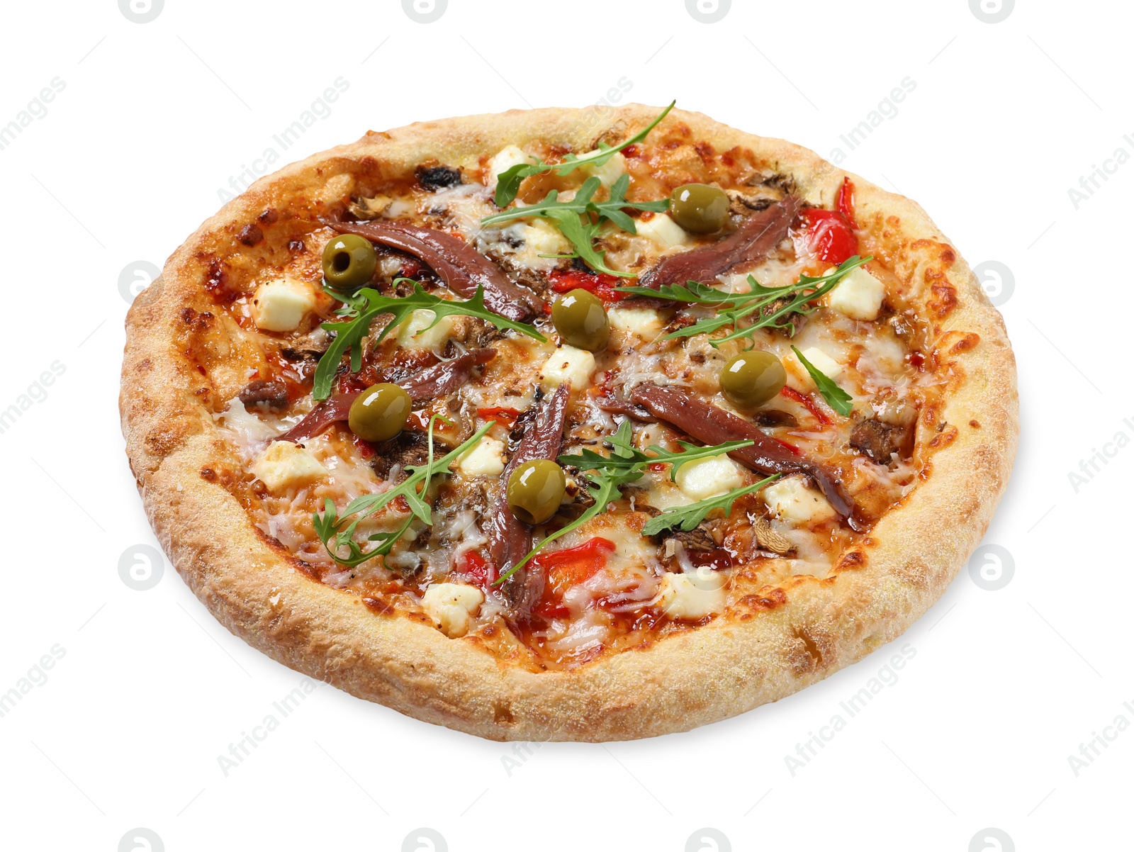 Photo of Tasty pizza with anchovies, arugula and olives isolated on white