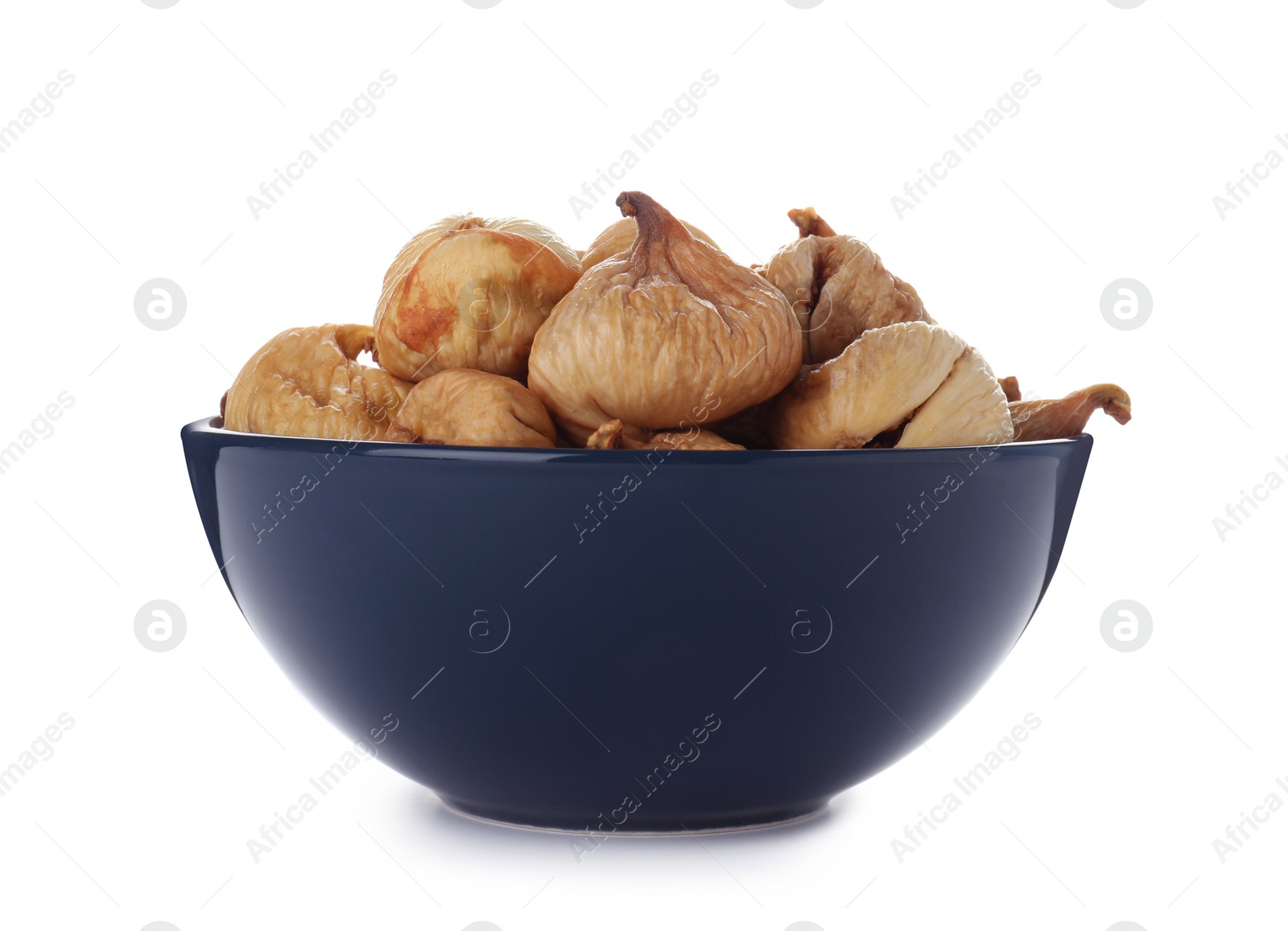 Photo of Bowl with figs on white background. Dried fruit as healthy food