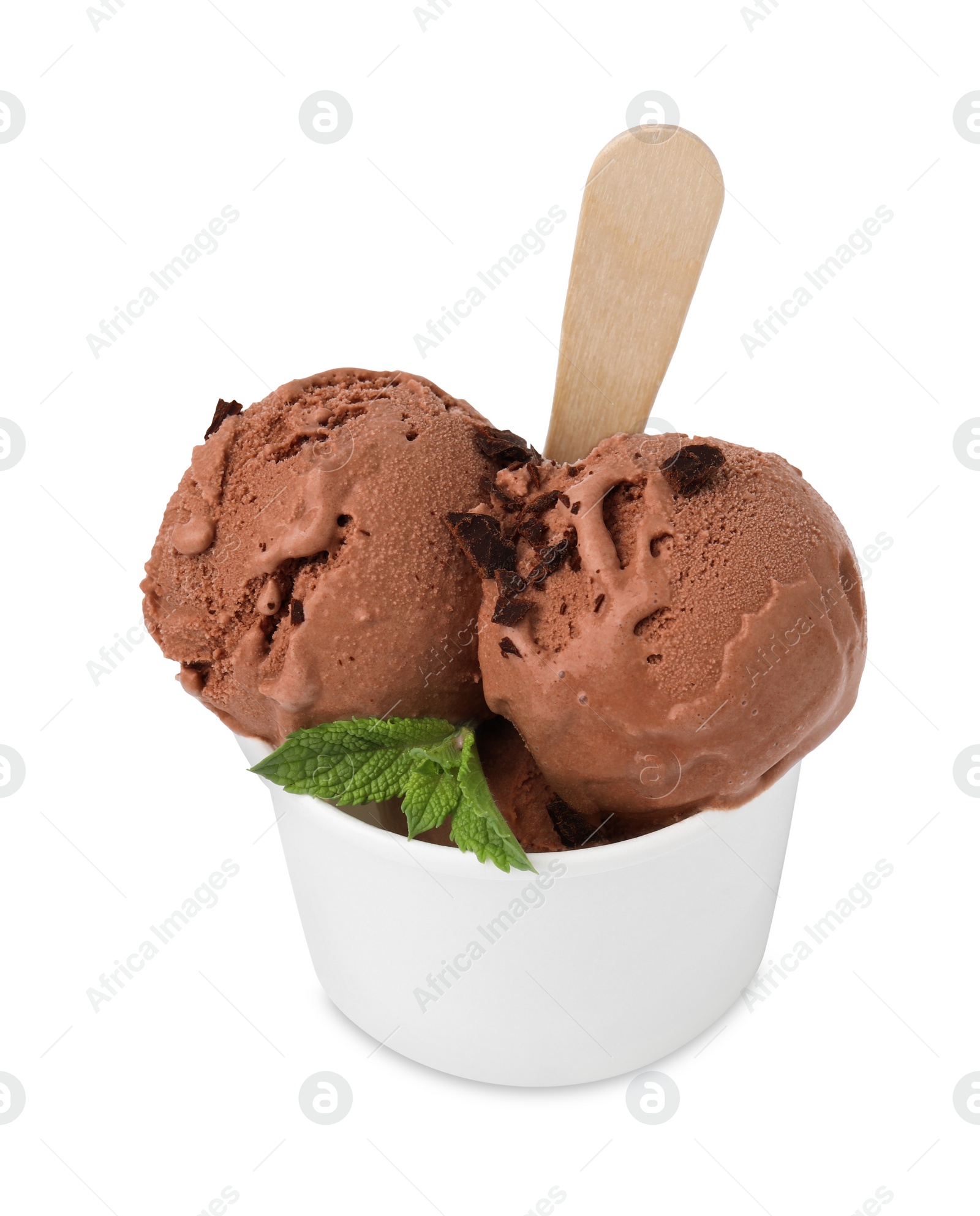 Photo of Paper cup with tasty chocolate ice cream, stick and mint leaves isolated on white