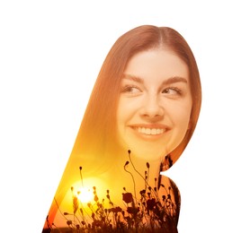 Image of Double exposure of beautiful woman and plants in field at sunset