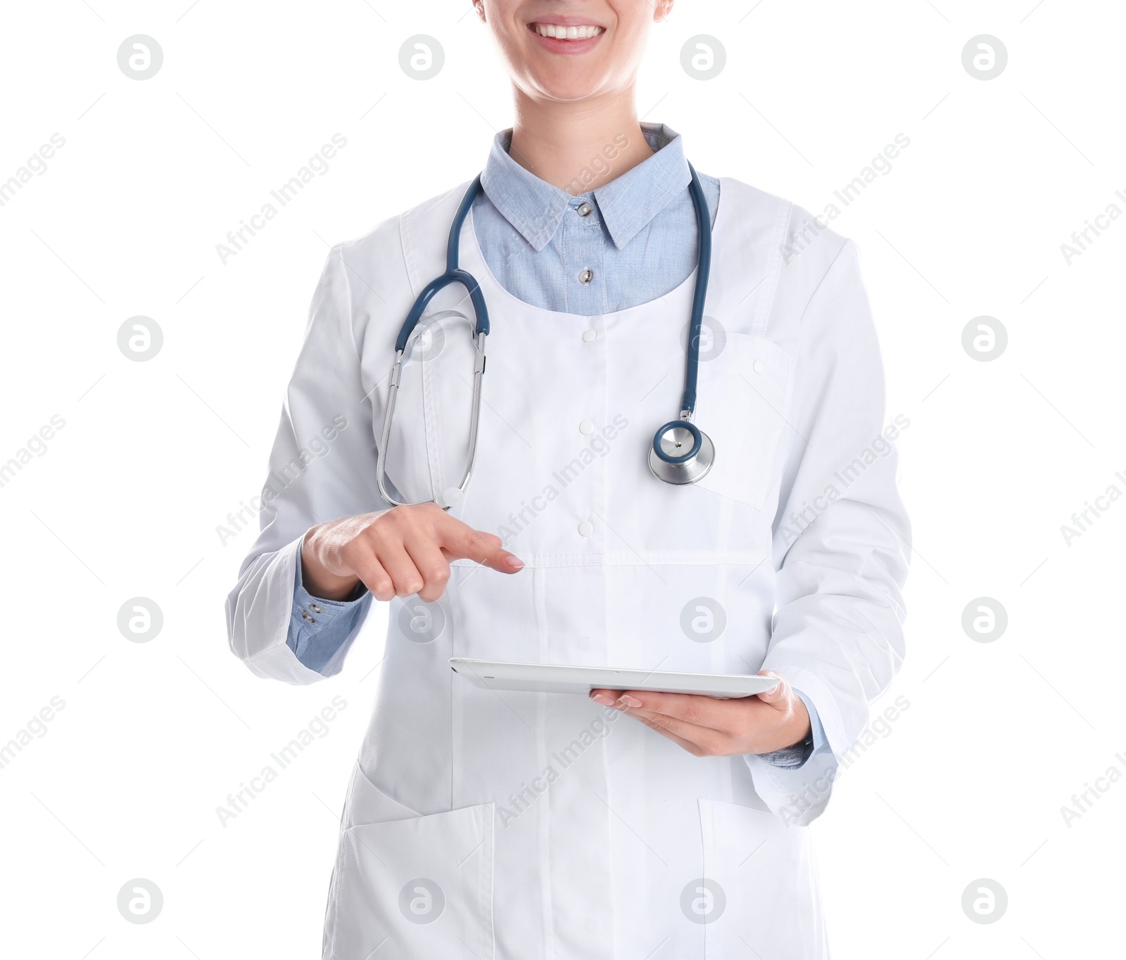 Photo of Female doctor holding modern tablet on white background, closeup