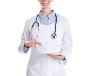 Female doctor holding modern tablet on white background, closeup