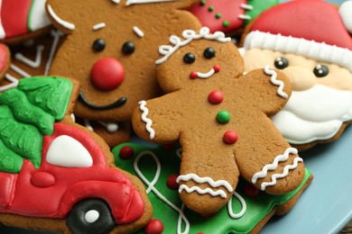 Different tasty Christmas cookies on light blue plate, closeup