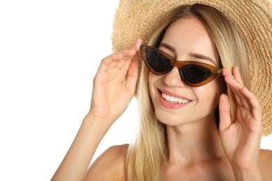 Photo of Beautiful woman in stylish sunglasses on white background