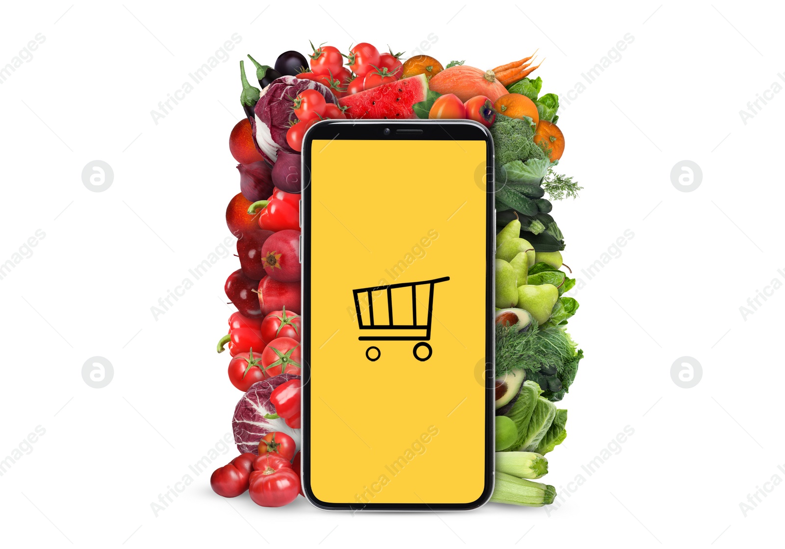 Image of Online purchases. Smartphone with shopping cart icon surrounded by different fruits and vegetables on white background