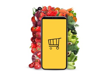 Online purchases. Smartphone with shopping cart icon surrounded by different fruits and vegetables on white background