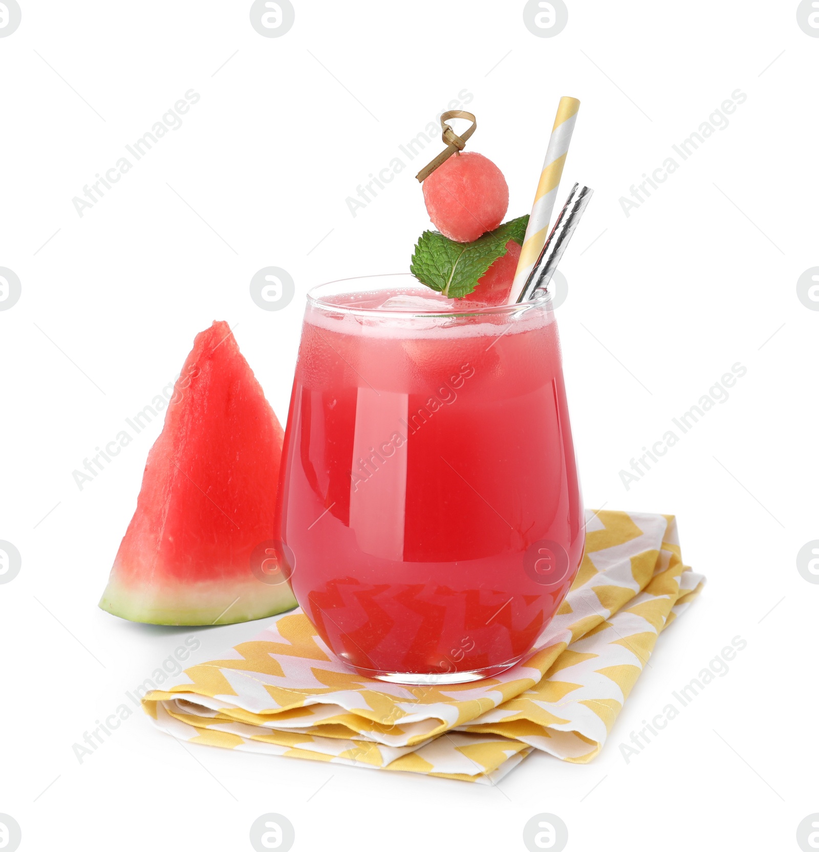 Photo of Delicious fresh watermelon drink and fresh fruit on white background