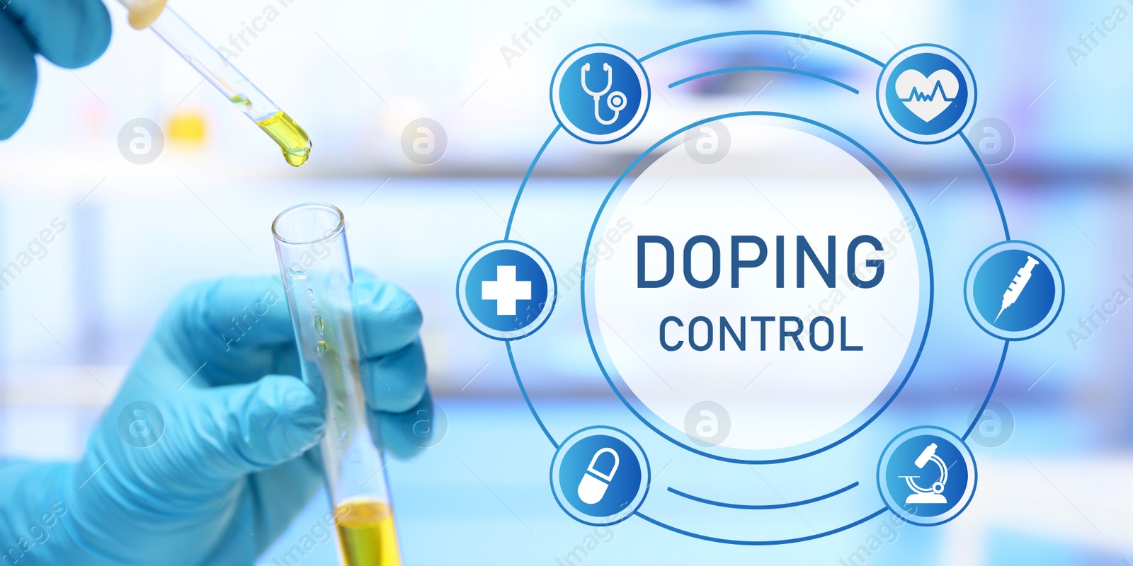 Image of Doping control. Virtual icons and laboratory assistant dripping urine sample from pipette into test tube, closeup