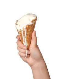 Photo of Woman holding melting ice cream isolated on white, closeup