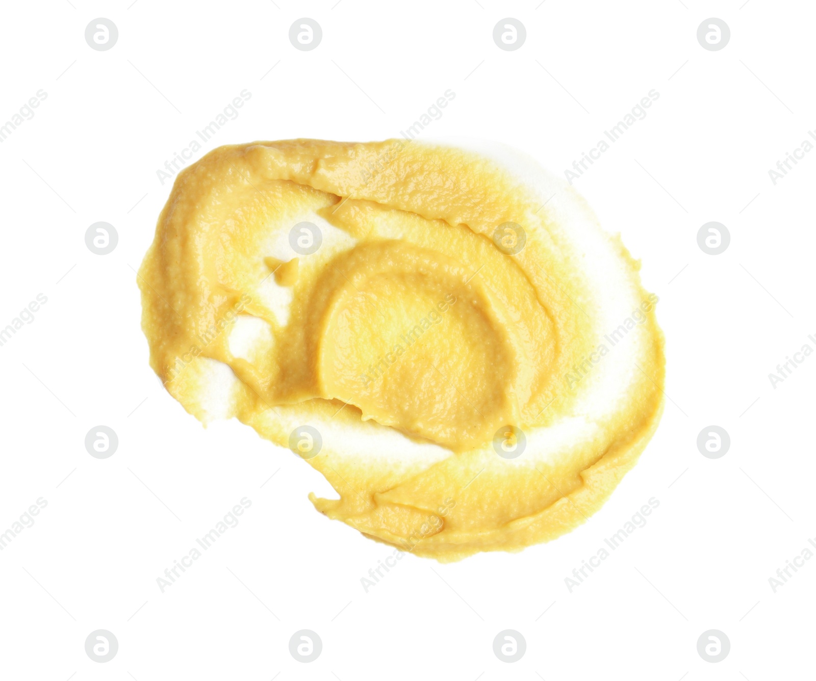 Photo of Smear of delicious mustard isolated on white, top view