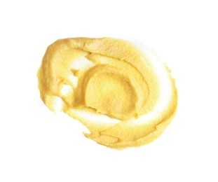 Photo of Smear of delicious mustard isolated on white, top view