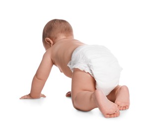 Photo of Cute little baby in diaper crawling on white background, back view