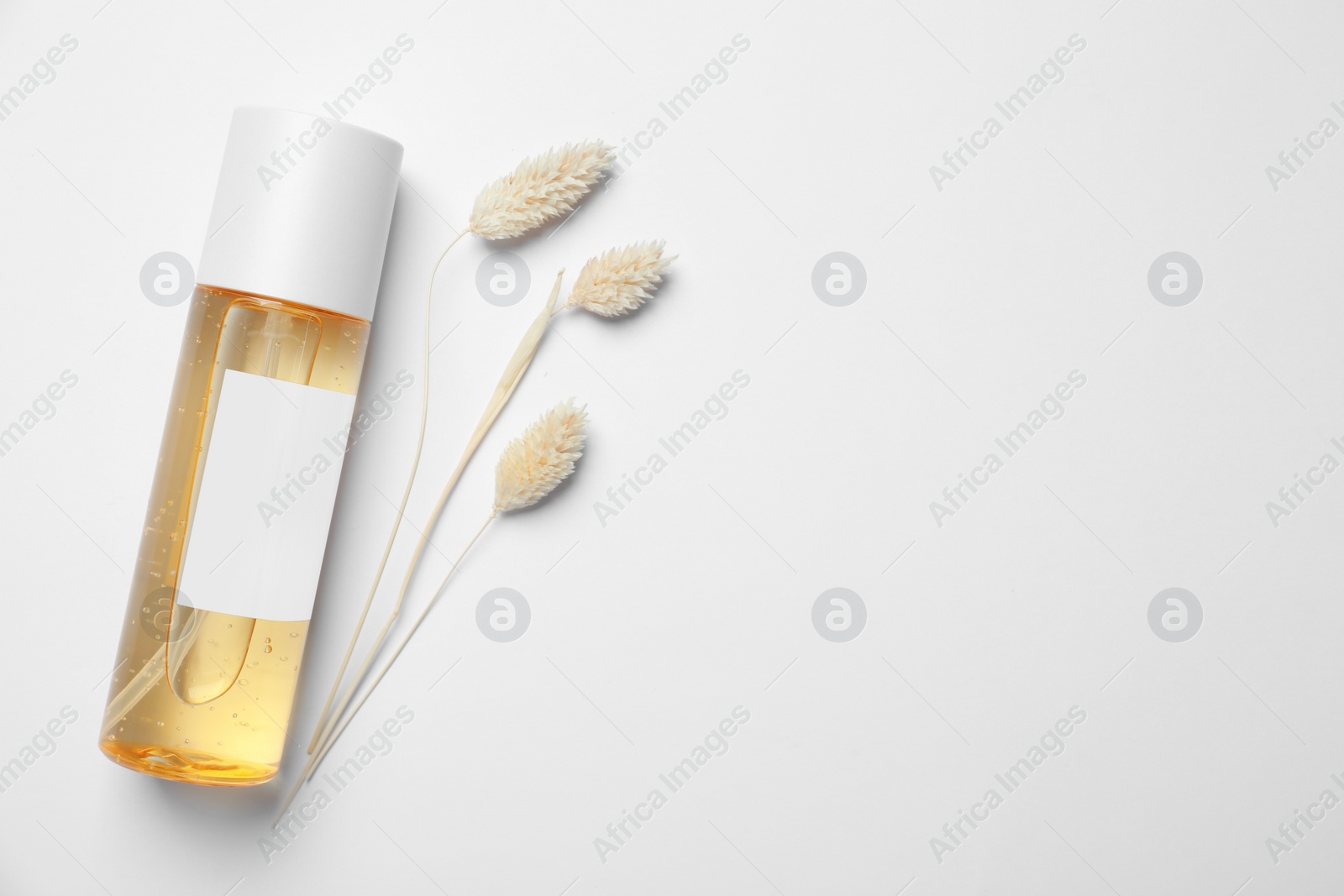 Photo of Bottle of cosmetic product and dry decorative spikes on white background, flat lay. Space for text