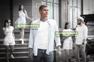 Image of Facial recognition system identifying people on city street. AI giving personal data of men