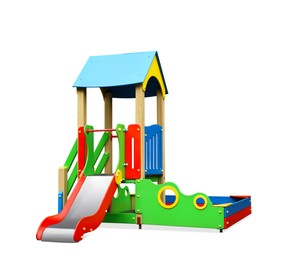 Image of Colorful outdoor playset isolated on white. Modern playground equipment