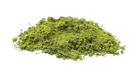 Photo of Green matcha powder isolated on white. Natural drink